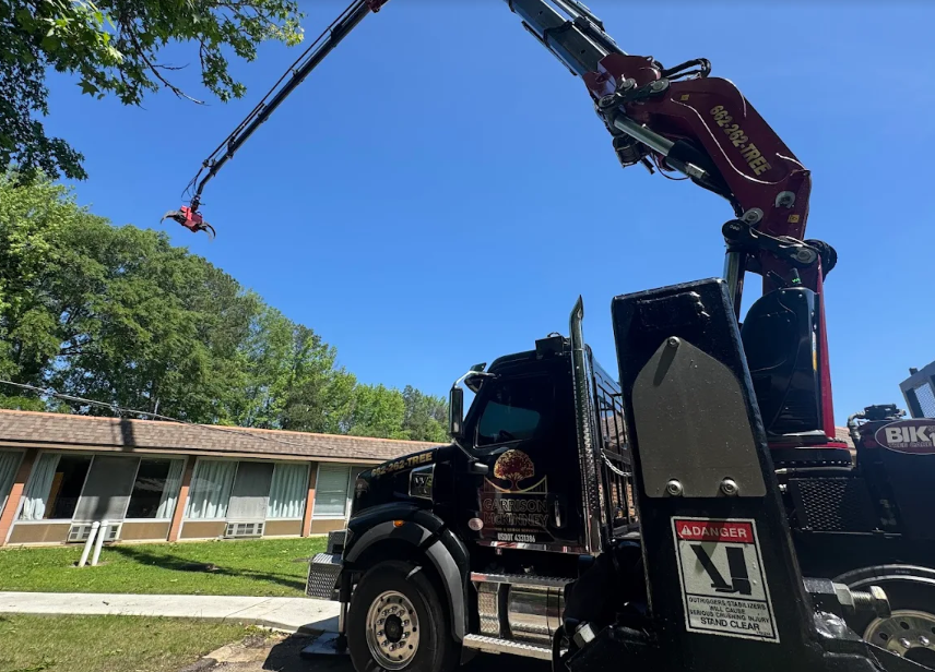 Grapple saw crane reaching over a commercial building for a removal