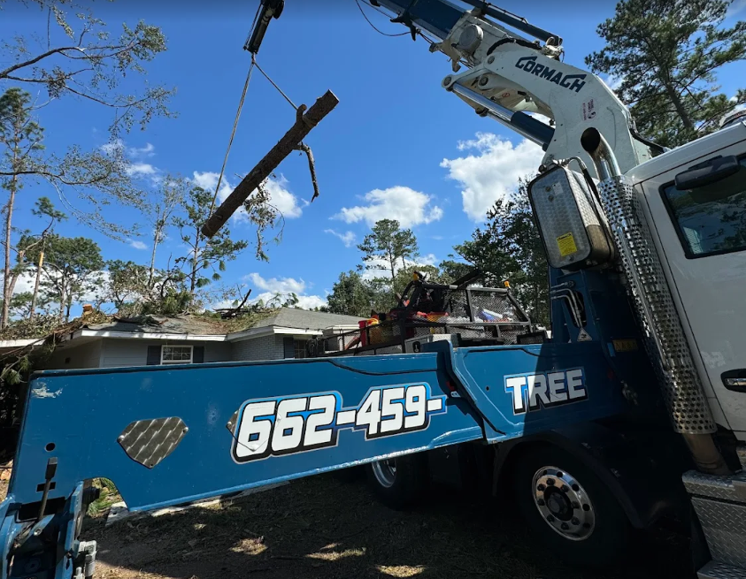 Knuckleboom crane truck lifting a log off a storm damaged roof