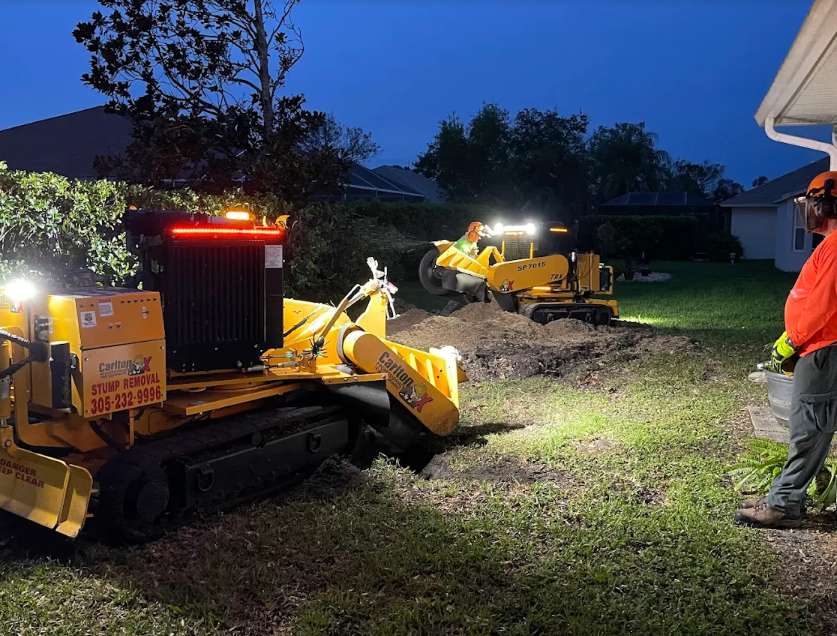 Two tracked stump grinders working a yard after dark