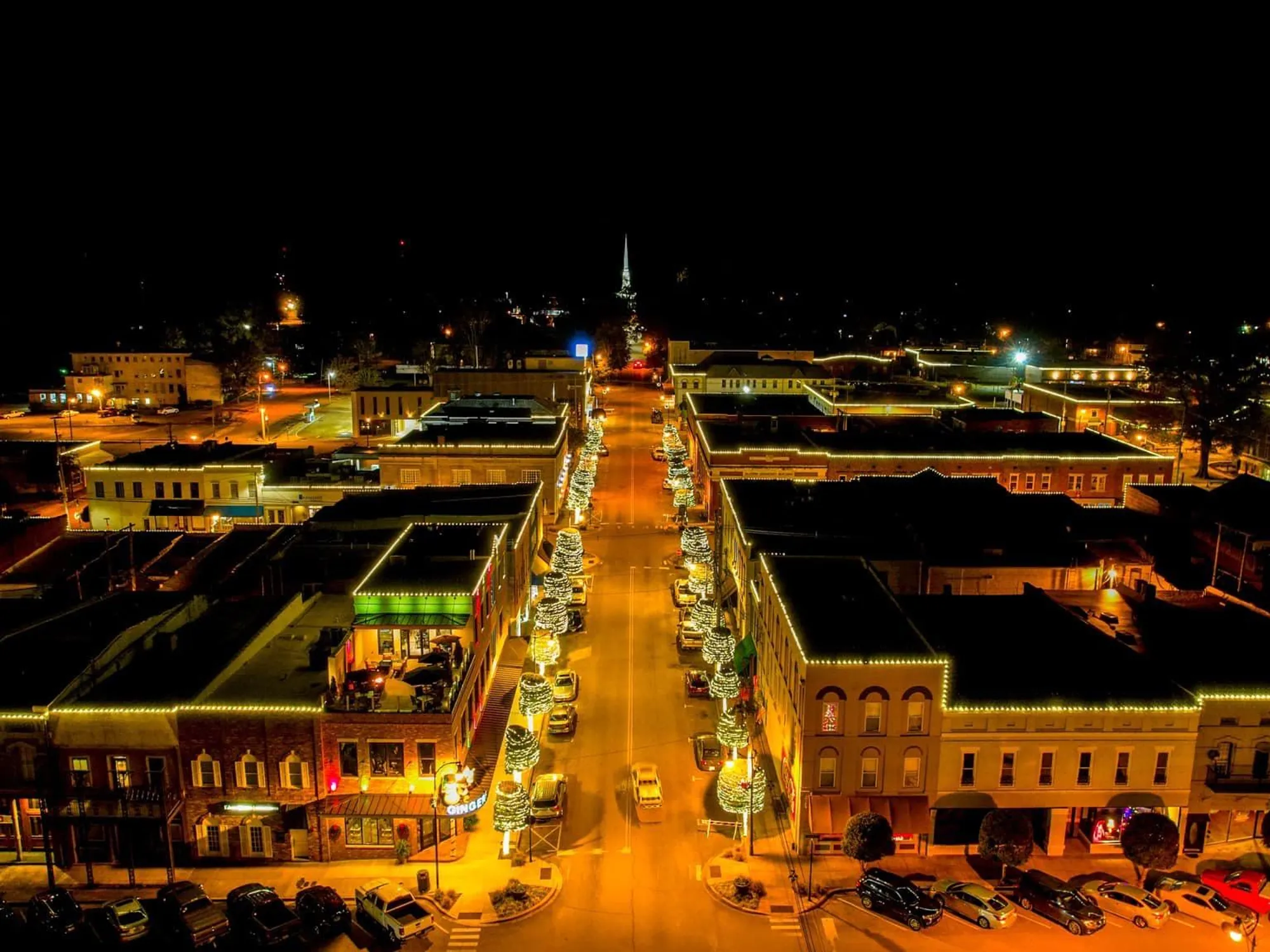 Downtown Corinth illuminated at night