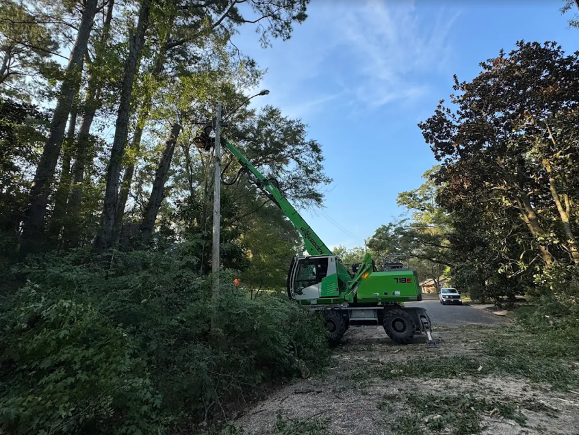 Sennebogen 718E tree handler clearing limbs off a utility right of way